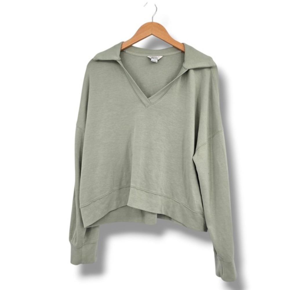 Danskin Womens XXL Sage Green V-Neck Polo Collar Pullover Sweatshirt Relaxed Fit
